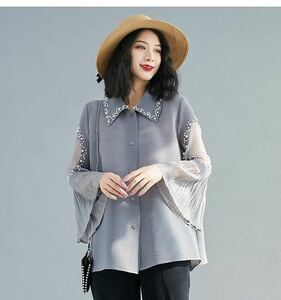  lady's tops pleat shirt feel of .. elasticity equipped ventilation dore-p... put on turning pretty beads decoration gray 