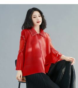  lady's tops pleat shirt feel of .. elasticity equipped ventilation dore-p... put on turning pretty beads decoration red color 