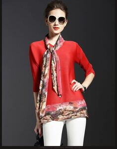 レディーストップス　プリーツシャツ肌触リ通気性弾力いい　手入りやすい合わせ安い　精美スカーフ付き赤色