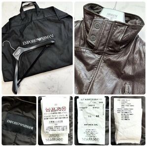 【新品未使用】幻★希少XL!!EMPORIO ARMANI【溢れる高級感】最高級本革 オールレザージャケット 7wayフード着脱ライダース メタルロゴ 濃茶の画像10