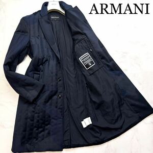 【新品!】定価30万超!幻のXL★アルマーニ EMPORIO ARMANI【溢れる高級感】艶美色チェスターコート 総柄ロングジャケット濃紺ダークネイビー