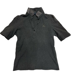 BURBERRY バーバリー ロゴ スキッパー パフスリーブ チェック半袖シャツ ダークグレー / ブラック金具