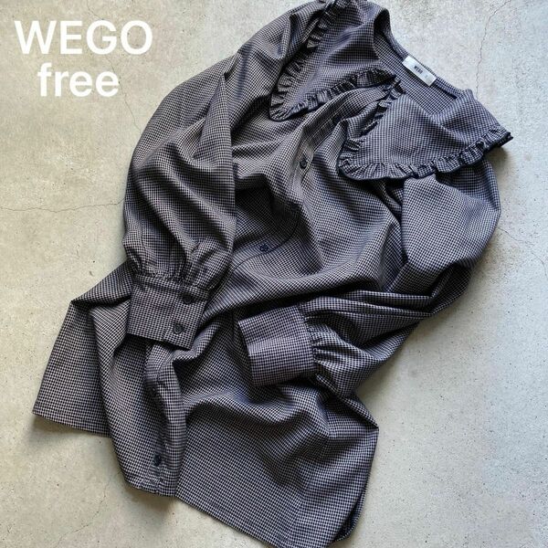 【WEGO】フリルビッグカラー チェックワンピース ブラック free 