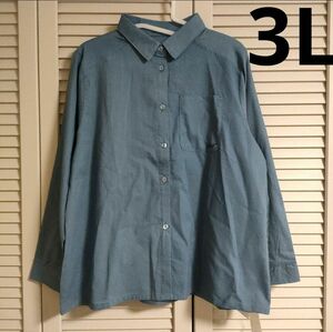 メガネ刺繍 長袖 シャツ 青 ブルー レディース 大きいサイズ 3L