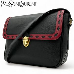 希少■美品■YVESSAINTLAURENT イヴサンローラン ショルダーバッグ メンズ ブラック レザー 黒 本革 YSL ゴールド金具 クロスボディ