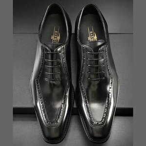 ビジネスシューズ　メンズシューズ　ロングノーズ　紐靴 牛革 本革 革靴 フォーマル　紳士靴　イギリス風　通勤　快適　ブラック　25.5cm