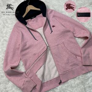 極美品/Lサイズ●バーバリーブラックレーベル ホース刺繍 ジップパーカー ブルゾン ジャケット 薄ピンク レザーロゴ BURBERRY BLACK LABEL