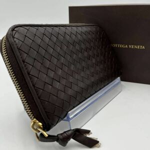 1円●人気色●BOTTEGA VENETA ボッテガヴェネタ 長財布 イントレチャート ラウンドウォレット ジップ レザー ダークブラウン メンズ 男女