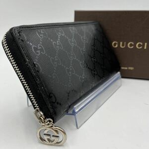 1円●美品/希少品●GUCCI グッチ GG柄 インターロッキング インプリメ ラウンドファスナー ブラック 黒 レザー 長財布 メンズ 男女兼用