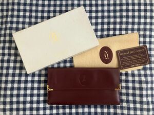 カルティエ　Cartier 箱・ギャンティカード付　長財布　ボルドー　 札入れ　 レザー　 がま口　 マストライン　本革