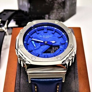 未使用・新品・Gショックカスタム本体付きGA2100ステンレス製シルバーベゼル＆本革レザーベルト・ペズリー柄ブルー文字盤メンズ腕時計の画像3