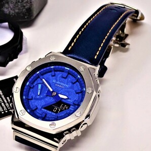 未使用・新品・Gショックカスタム本体付きGA2100ステンレス製シルバーベゼル＆本革レザーベルト・ペズリー柄ブルー文字盤メンズ腕時計の画像7