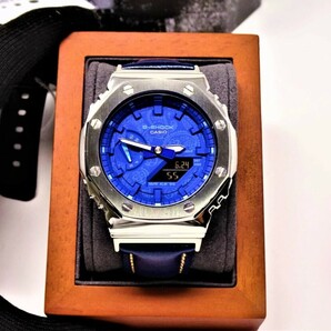 未使用・新品・Gショックカスタム本体付きGA2100ステンレス製シルバーベゼル＆本革レザーベルト・ペズリー柄ブルー文字盤メンズ腕時計の画像2