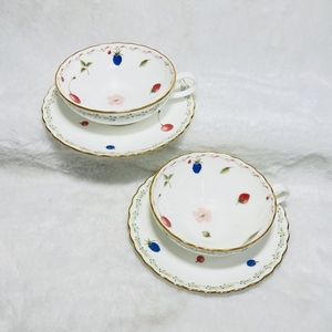  [240415-2T]【中古品】≪ノリタケ/カップ＆ソーサー≫Noritake/ポートショア/フルーツ/桜/洋食器/2客セット