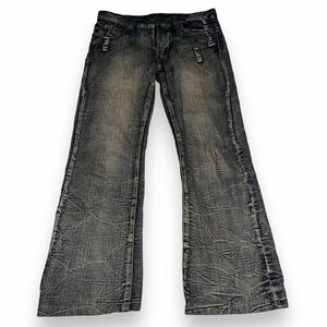 00s Japanese label denim crash grunge flare pants japan brand Y2K sick vintage damage 