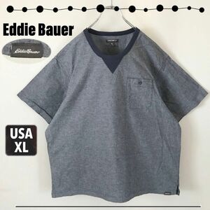 エディーバウアー Eddie Bauer★ストレッチシャンブレー★クルーネック★ポケットTシャツ★Vガゼット★オーバーサイズ★XL