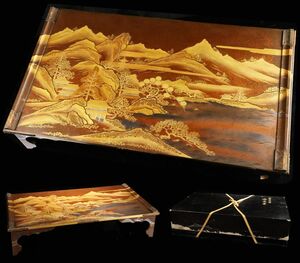 時代名品 高蒔絵 螺鈿細工 楼閣山風景文飾台 花台 平卓 64cm 細密細工 古美術品 時代箱[64158qet]