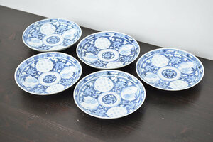R-047082 Meiji ~ Taisho flat дверь ... белый фарфор с синим рисунком . размер тарелка 5 шт. комплект ( японская посуда )(R-047082)