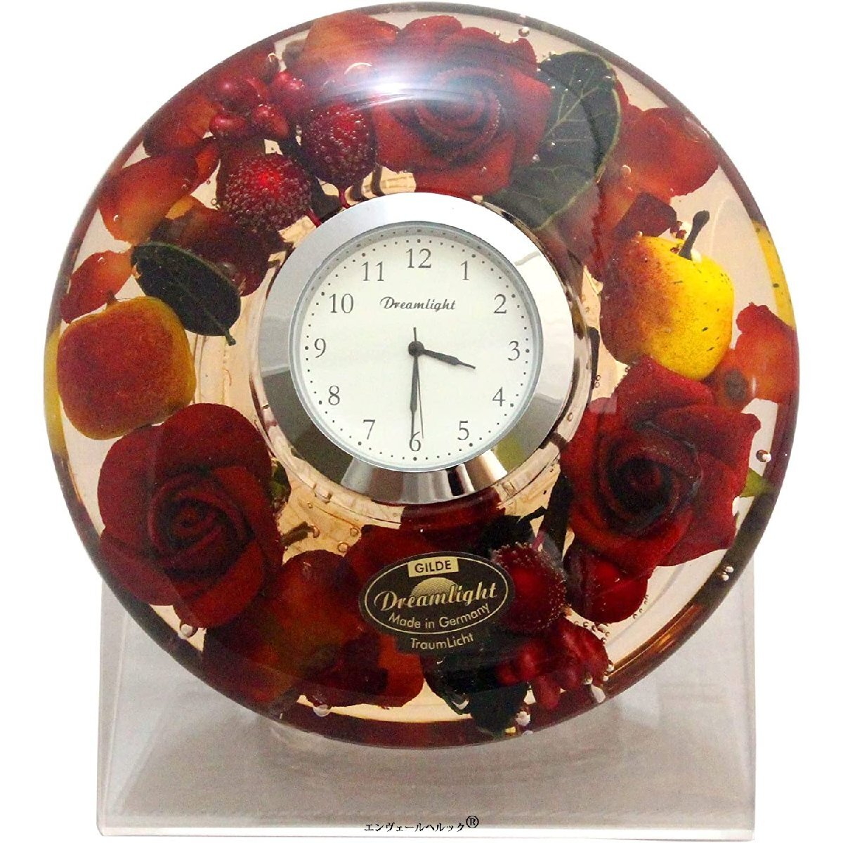 自然情趣座钟, 一个一个手工制作, 直径11 x 高4厘米, 花果, 经典玫瑰与水果搭配, 座钟, 模拟, 一般的