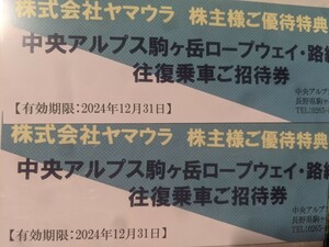 中央アルプス駒ヶ岳ロープウェイ・路線バス往復乗車ご招待券　2枚 　ヤマウラ株主優待