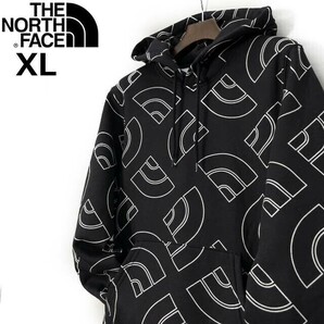 1円～!売切!【正規新品】THE NORTH FACE◆ALL OVER PRINT HOODIE パーカー US限定 裏起毛 ハーフドームロゴ 男女兼用(XL)黒 総柄 181130-35の画像1