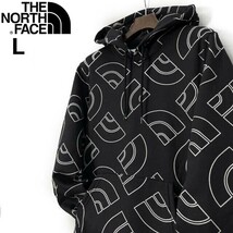 1円～!売切!【正規新品】THE NORTH FACE◆ALL OVER PRINT HOODIE パーカー US限定 裏起毛 ハーフドームロゴ 男女兼用(L)黒 総柄 181130-35_画像1