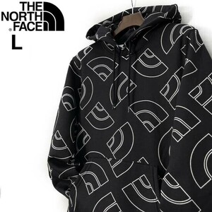 1円～!売切!【正規新品】THE NORTH FACE◆ALL OVER PRINT HOODIE パーカー US限定 裏起毛 ハーフドームロゴ 男女兼用(L)黒 総柄 181130-35