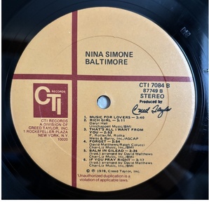 Nina Simone Baltimore US Original LPの画像7