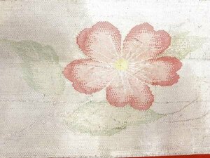 090231# 【1円～】アンティーク　塩瀬色紙に花模様刺繍名古屋帯