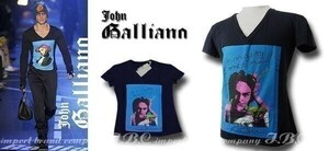 ★galliano ジョンガリアーノ★VネックプリントTシャツ紺×黒L【本物保証】イタリアンカジュアル★芸能人御用達★ハイファッション★