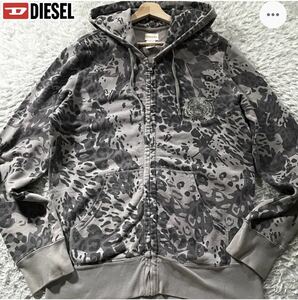 L相当　DIESEL ディーゼル ジップパーカー フードジャケット ブルゾン 総柄 アニマル 豹柄 ヒョウ 胸元タイガー 虎 春 スプリング 羽織り