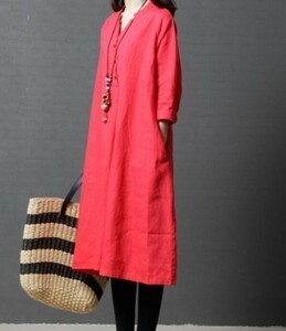 2021 spring new goods casual plain V neck cotton flax large size long sleeve tunic One-piece easy usually put on YWQ420