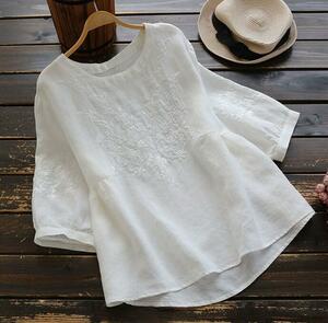 linen embroidery * cut and sewn lady's super pretty easy put on .. comfortable is good short sleeves tunic * free size YLH323