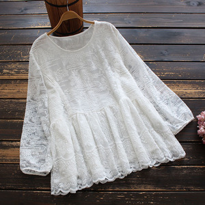 新品春　婦人服　純色　ゆったりスカート裾　長袖　丸首刺繍　シャツ　人形シャツ　ホワイトYWQ633