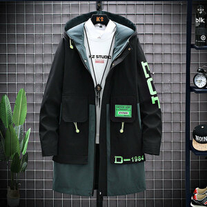 春新品 メンズ スプリングコート フード付きジャケット ロング丈 マウンテンパーカー 切替コート サイズ選択可 M~3XL YLH355