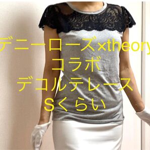 イタリー製　デニーローズ　cheaptheory デコルテレース　Tシャツ　ブラウス　カットソー　グレー　レーシー　半袖　レース