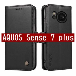 AQUOS Sense 7 plusケース ブラック 黒 スマホケースケース 手帳型 シンプル