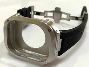 シルバーブラック★アップルウォッチバンド ラバーベルト カバー　ステンレス Apple Watch ケース 49mm ウルトラ　ultra メンズ レディース