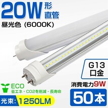 即納！送料無料 高輝度 50本 20W 直管 LED蛍光灯 58cm 1250LM 6000K 20W形 60cm T8 昼光色 消費電力9W LEDライト 広角 軽量版 G13口金 D11_画像1