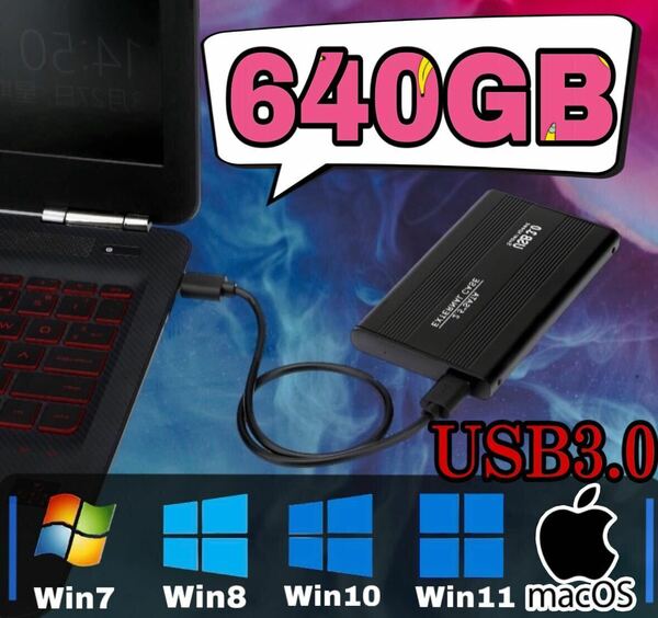 新品/HDD/外付けポータブルハードディスク/640GB/PC/USB3.0/+新品HDDケースセット