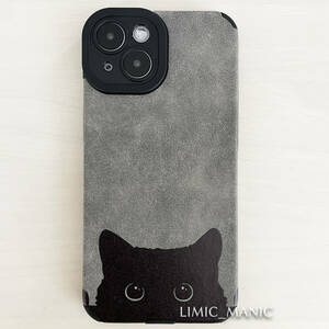 iPhone 15 ケース スマホ 背面取り付け型 猫 CAT スウェード調 グレー 灰色 灰 アイフォン
