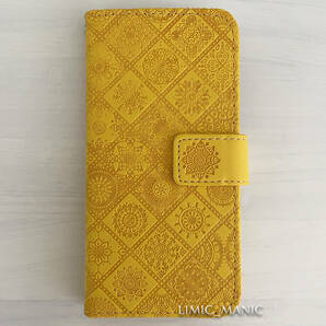 iPhone 7 8 SE (第2世代/第3世代) SE2 SE3 ケース スマホ 手帳型 カードケース イエロー 黄色 黄 エスニック風 曼荼羅模様 アイフォンの画像1
