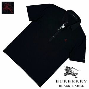 希少! 極美品 日本製 バーバリーブラックレーベル BIGホース刺繍 前立てノバチェック 鹿の子 半袖 ポロシャツ 3/L 黒 BURBERRY BLACK LABEL