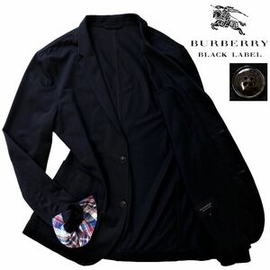 極美品 爽快 バーバリーブラックレーベル ノバチェック COOLMAX カットソー生地 サマー テーラードジャケット M/2 紺 BURBERRY BLACK LABEL