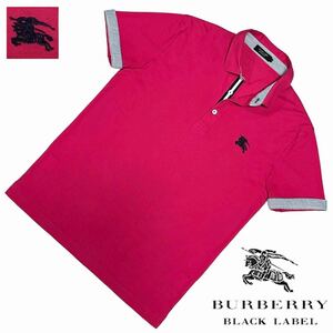 美品 日本製 バーバリーブラックレーベル BIGホース刺繍 前立てストライプ COOLMAX 2WAY 鹿の子 半袖 ポロシャツ 3/L BURBERRY BLACK LABEL