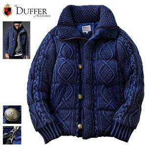 サファリ掲載 美品 定価4.6万 極暖 DUFFER ダファー コンチョ釦 USED加工 インディゴ ケーブルニット ダウンジャケット L INDIGO KNIT DOWN