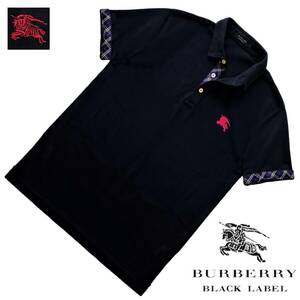 極美品 日本製 バーバリーブラックレーベル BIGホース刺繍 袖 前立てノバチェック COOLMAX 鹿の子 ポロシャツ 3/L 紺 BURBERRY BLACK LABEL