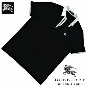 極美品 日本製 バーバリーブラックレーベル BIGホース刺繍 前立てストライプ COOLMAX 2WAY 鹿の子 ポロシャツ 2/M 黒 BURBERRY BLACK LABEL