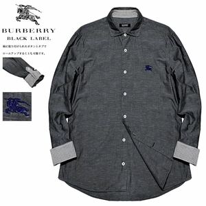  ultimate beautiful goods Burberry Black Label BI G Horse embroidery collar * sleeve reverse side border linen.2WAY roll up long sleeve shirt 2/M black BURBERRY BLACK LABEL