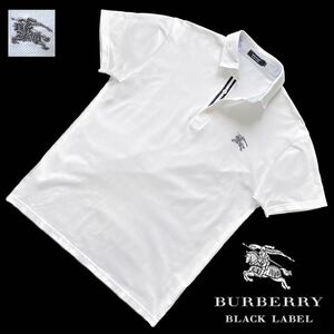 極美品 日本製! バーバリーブラックレーベル BIGホース刺繍 前立ストライプ ボーダー 鹿の子 半袖 ポロシャツ 3/L 白 BURBERRY BLACK LABEL
